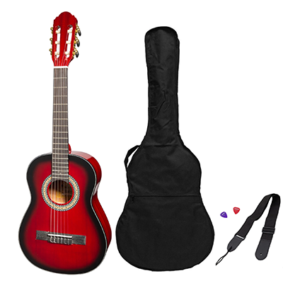 Martinez G-Series 3/4 Size Student Classical Guitar Pack with Built In Tuner (Trans Wine Red-Gloss)